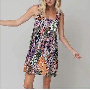 Natural Life Tricia Mini Dress Floral Diamond Patchwork Smocked Back Size Small